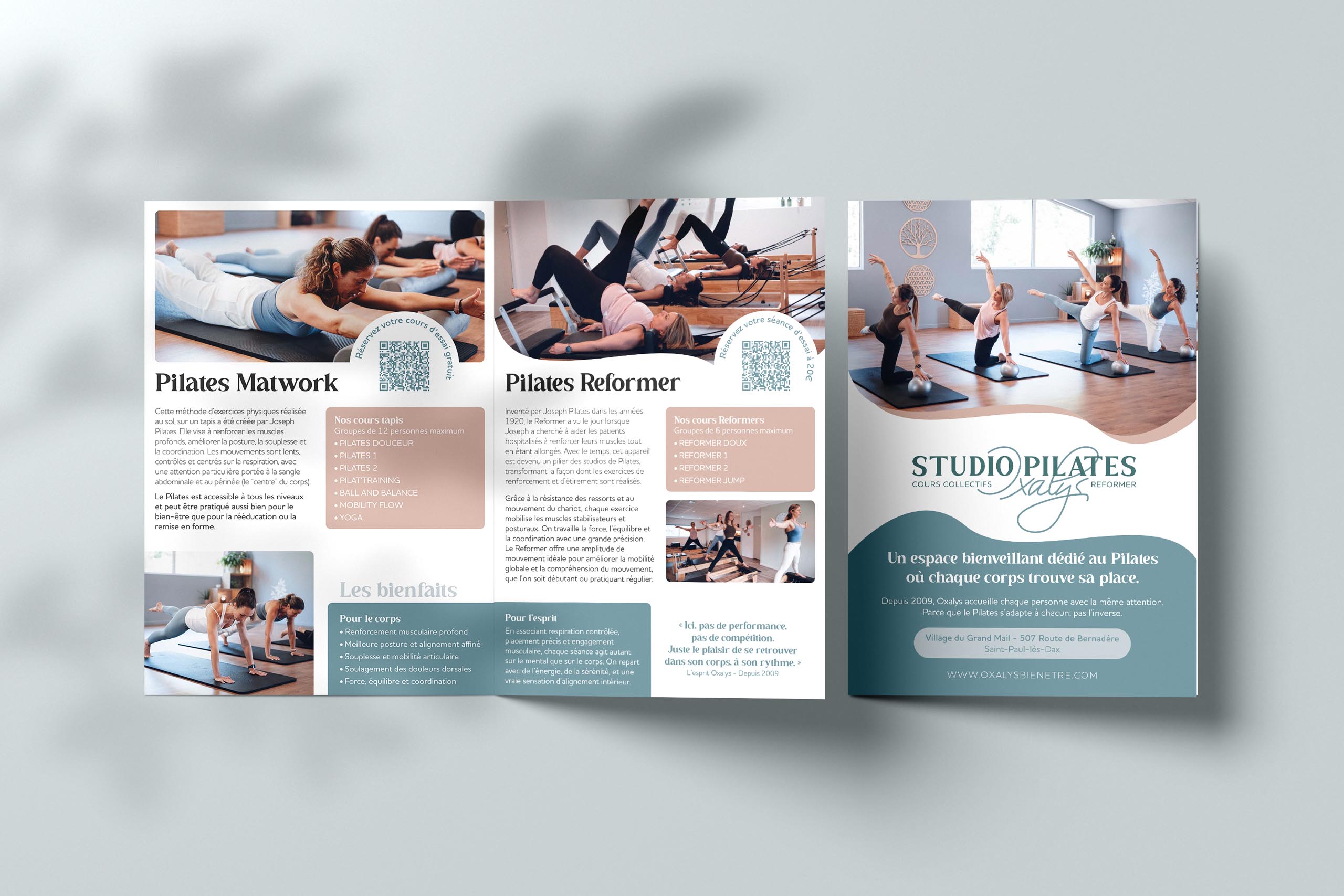 Dépliant 2 volets Oxalys recto — studio Pilates Saint-Paul-lès-Dax
