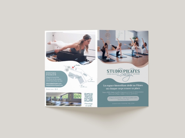 Verso du dépliant Pilates Oxalys avec coordonnées du studio