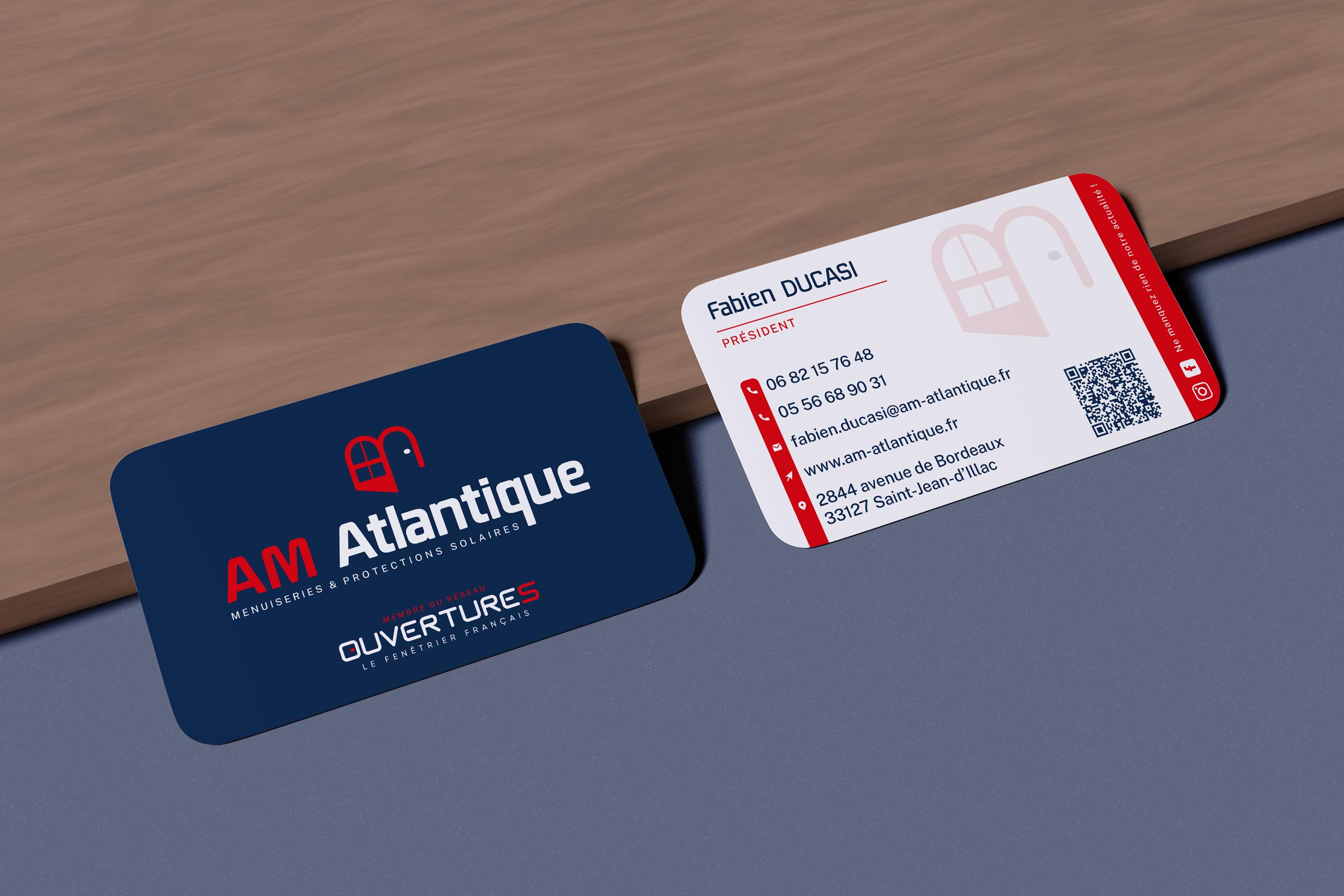 Cartes de visite recto verso d'AM Atlantique, menuisier en Gironde