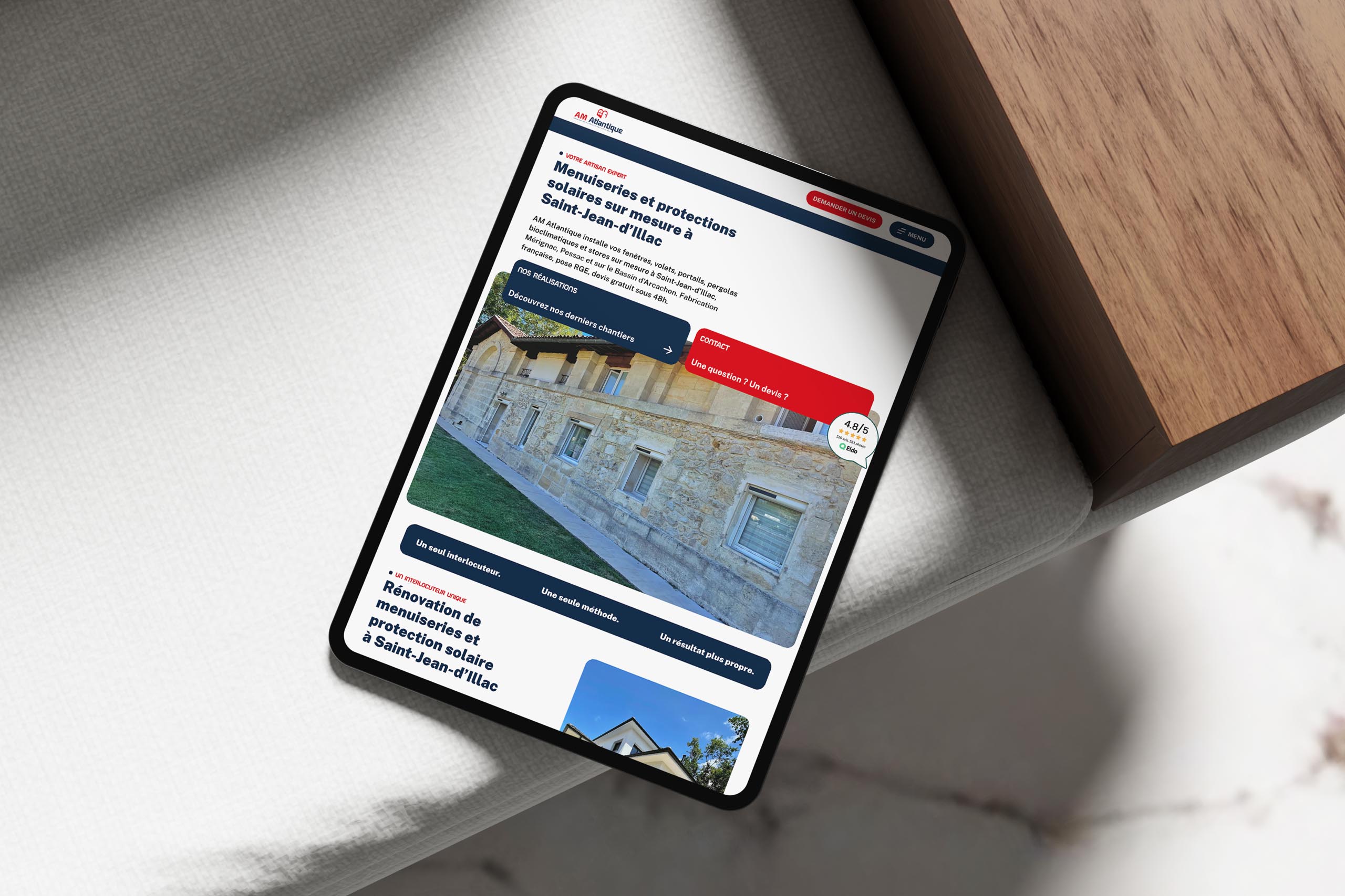 Site AM Atlantique, menuisier à Saint-Jean-d'Illac, affiché sur tablette